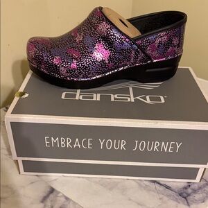 Dansko Metallic Purple and Pink Patterned Clogs